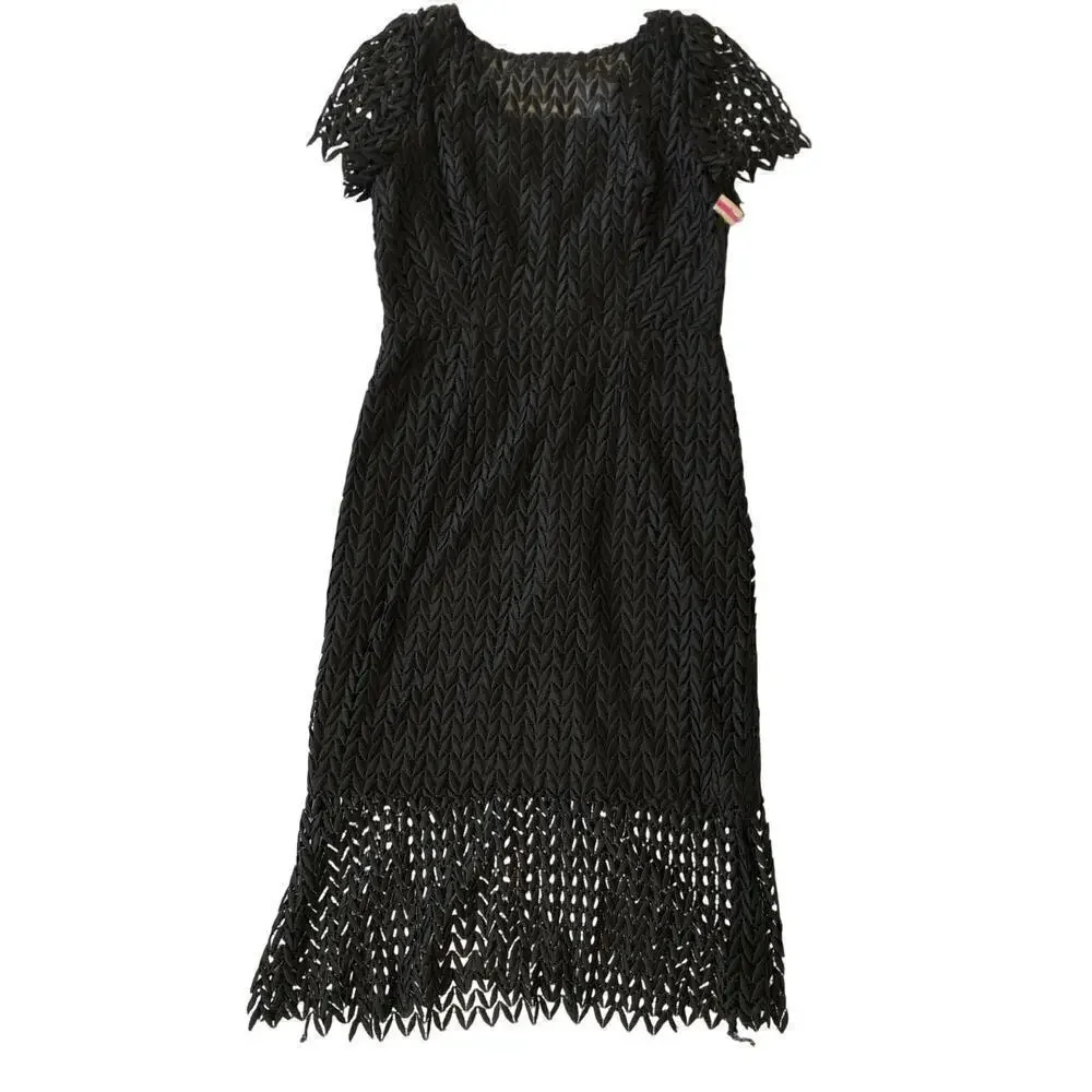 Kay Unger New York Tatum Dress Lace Overlay Short Sleeve Midi Black Size 10